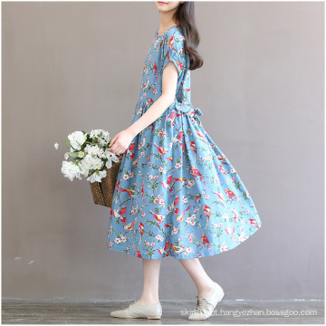 Meninas de impressão de linho floral de 100% ′ vestido de desgaste diário para o verão